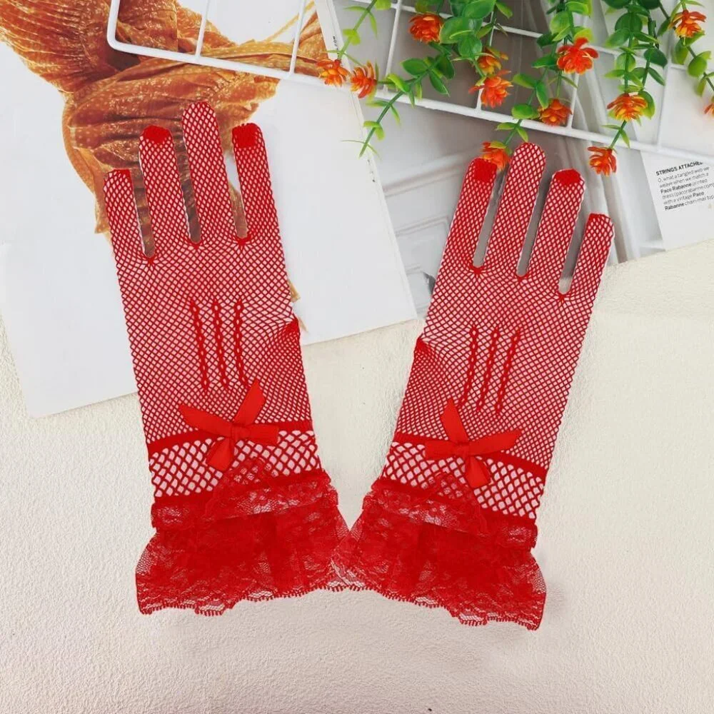 Women's A-Red Halloween Tea Short Lace Gloves Elegant Bridal Cosplay Party